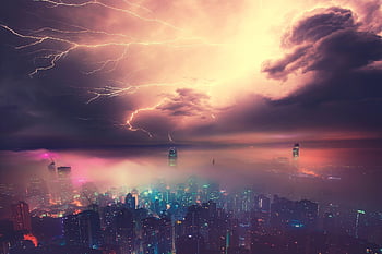 lightning, cityscape, skyline, thunderstorm, city, buildings, night, storm, sky, clouds, night Sky