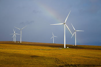 větrné mlýny, duha, pole, větrný mlýn farma, tráva, pastviny, krajina, větrné turbíny, turbín, větrná energie, udržitelného