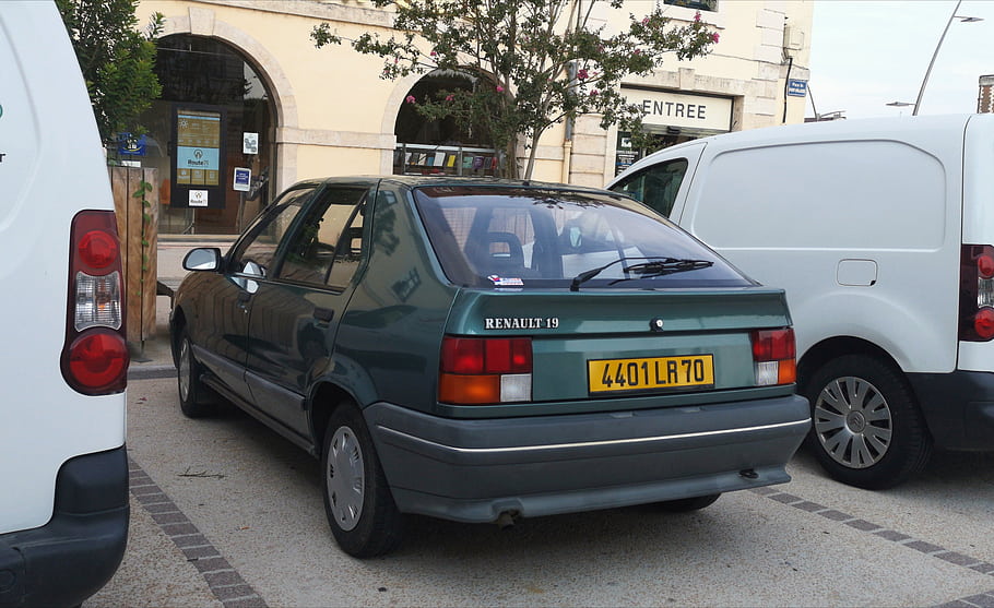 renault, 19, auto, zelená, poznávací značka, zaparkováno, ulice, vozidlo, zpětný pohled, evropský, licence