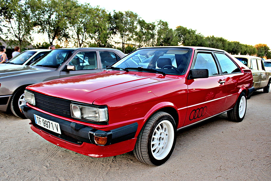 audi, κουπέ, gt;, 1986, το κόκκινο, αυτοκίνητο, κλασσικός, κρασί, πινακίδα κυκλοφορίας, δέντρα, σταθμευμένο