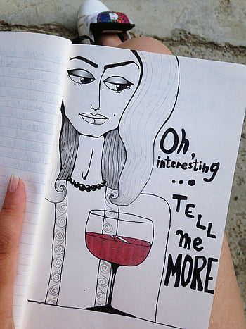 woman sketch, wine glass, artistic drawing, notebook, hand-drawn art, sketchbook, woman with wine, black and white sketch, casual sketch, creative art, sketch art