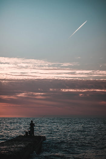 mer, pêcheur, des silhouettes, jetée, pêche, canne à pêche, des nuages, ciel, océan, la nature, paysage marin