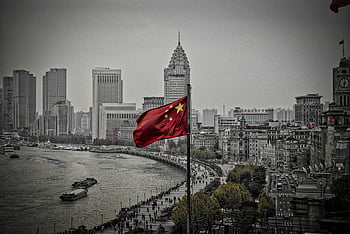Chinese flag, Shanghai skyline, urban cityscape, city view, Chinese flag flying, Shanghai city, iconic skyline, river view, city buildings, urban landscape, flag pole