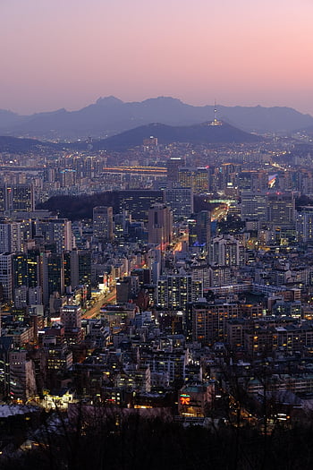 日没、 シティ、 江南、 自然、 山、 南山、 ソウル、 夜景、 輝く