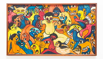 abstract painting, multicolored, brown frame, colorful surreal artwork, expressive monster figures, vivid abstract composition, surreal art, monster figures, abstract composition, colorful art, surreal painting