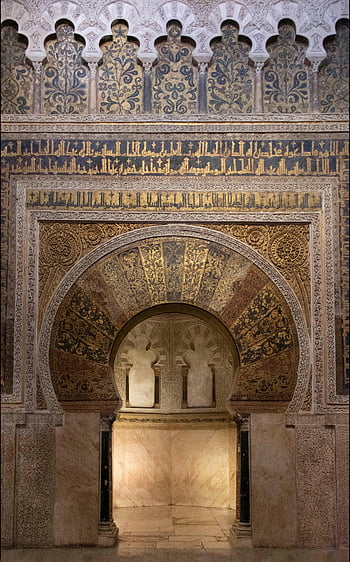mezquita, cordoba, maurské architektury, zlatý interiér, béžový interiér, Podrobný interiér, islámské umění, oblouky, Ozdobený design, Náboženské místo, Španělsko