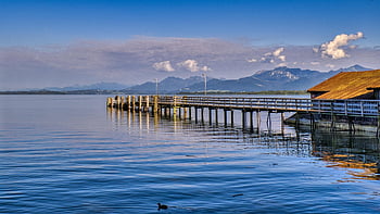krajina, horní Bavorsko, Chiemsee, web, molo, promenádě, jezero, hory, Příroda, panoráma, prázdnin
