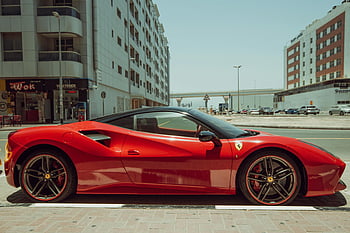 červené ferrari, supercar, zaparkováno, Dubajská ulice, slunný, elegance, Napájení, elegantní design, luxusní auto, městském prostředí, špičkové vozidlo