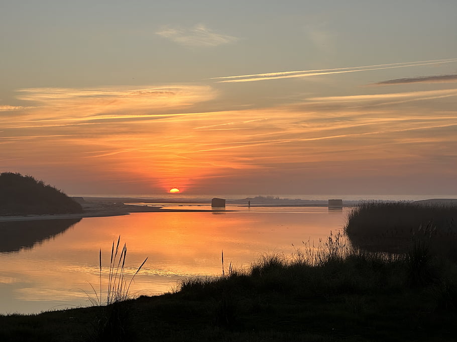 sunset, sky, water, sun, lake, sunrise, landscape, nature, river, clouds, sea