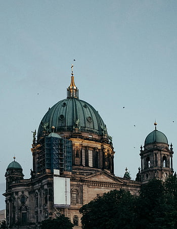 Berlin Cathedral, dome building, brown and green dome, restoration, dusk, Berlin, Germany, cathedral dome, architectural landmark, historical building, cityscape
