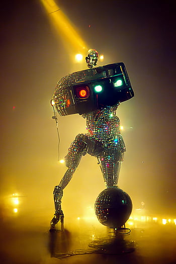 ロボット、 ステージ、 レトロ風、 鮮やかなステージライト、 ディスコをテーマにしたイベント、 パフォーマンス、 ロボットの性能、 ディスコボール、 ロボット衣装、 ステージパフォーマンス、 レトロロボット