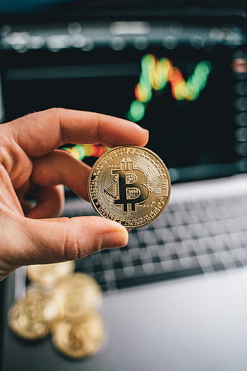 Bitcoin, gold Bitcoin, cryptocurrency trade, trading graph, laptop, hand holding Bitcoin, digital currency, financial technology, investment, blockchain, crypto market