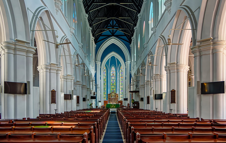 Svatý. andrewova katedrála, singapore, anglikánská církev, vitráže, Symetrický interiér, lavice, hdr, nikon d750