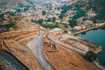 Aerial View, Amber Fort, Amer Fort, Jaipur, historical architecture, scenic beauty, aerial shot, fort architecture, Indian heritage, Rajasthan landmarks, fort view