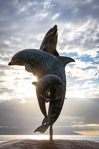 Friendship Fountain, Puerto Vallarta, Mexico, bronze dolphin sculpture, sunset sky, dolphin statue, outdoor art, travel destination, beach art, public sculpture, seaside landmark