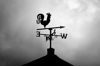silhouette, wind vane, rooster weather vane, cloudy sky, black and white, weather vane silhouette, rooster silhouette, sky background, directional vane, architectural detail, weather instrument