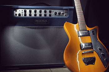 brown electric guitar, black guitar amplifier, mesa boogie, music equipment, musical instruments, electric guitar, guitar amplifier, brown guitar, black amplifier, music studio, guitar setup