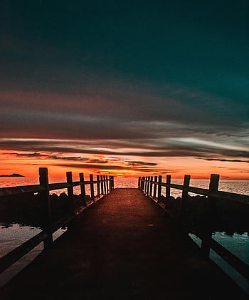 hnědá dřevěná dok, molo, oceán, západ slunce, dramatické nebe, Závalný západ slunce, Prodloužení molo, pohled na oceán, fotografování západu slunce, dřevěné molo, pohled