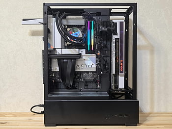 gaming PC, high-performance, open frame, RGB lighting, internal components, side view, GeForce RTX, Gigabyte, computer hardware, custom build, tech setup