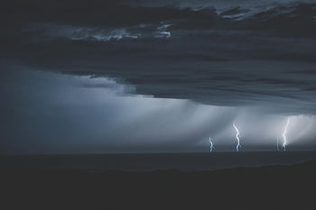 thunderstorm, glimmering lightnings, ocean, dramatic lightning strikes, twilight, power of nature, stormy weather, ocean view, lightning bolts, dark clouds, natural phenomenon