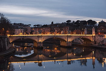 ponte vittorio emanuele ii, řeka tiber, Řím, Itálie, soumrak, most odraz, noční město, pohled, historický most, řeka odraz, Twilight Cityssorpe