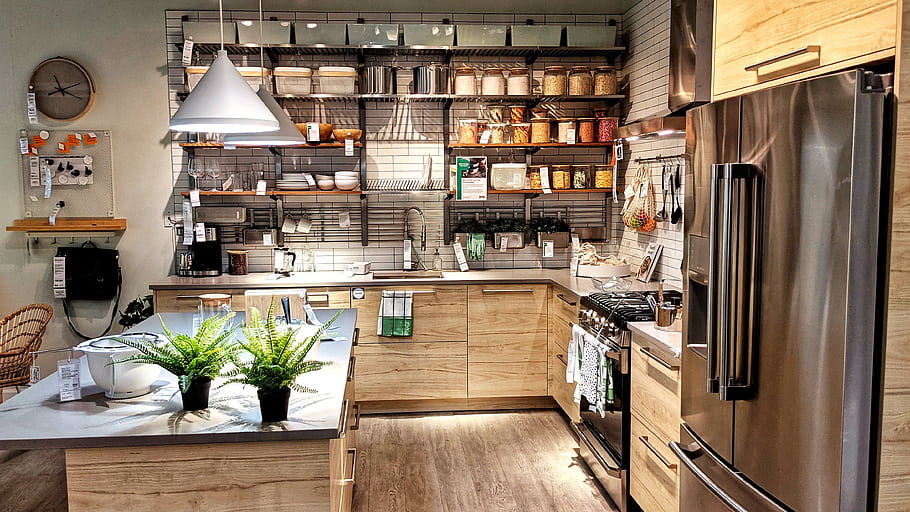 IKEA, display kitchen, open cupboards, model, kitchen appliances, kitchen design, kitchen organization, kitchen decor, kitchen shelves, kitchen plants, kitchen lighting