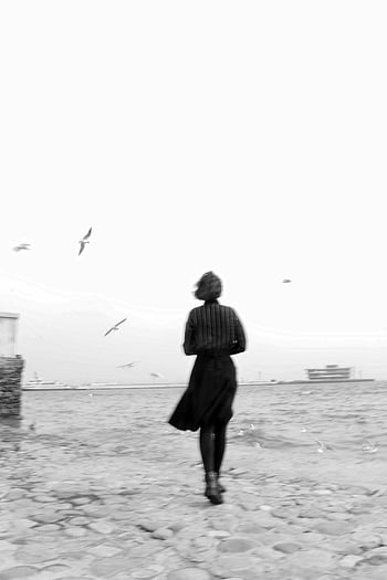 femeie plimbare, păsările care zboară, malul mării, alb-negru, pescăruși, scena în aer liber, coasta de mers pe jos, moment senin, fotografia naturii, Imagine monocromă, Urban Waterfront