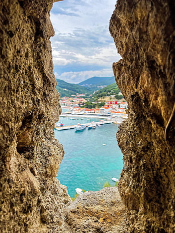 mare, parga, porta, paesaggio, muro di pietra, isola, oceano