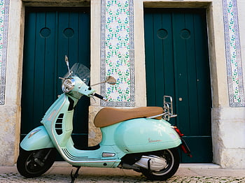 Vespa, mint green Vespa, parked Vespa, Lisbon, Portugal, tiled door, beautiful door, street scene, scooter, European architecture, vintage Vespa