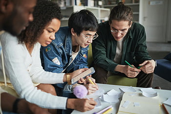 students, group study, library, multiracial, college students, modern library, working together, project, study group, collaboration, diverse group