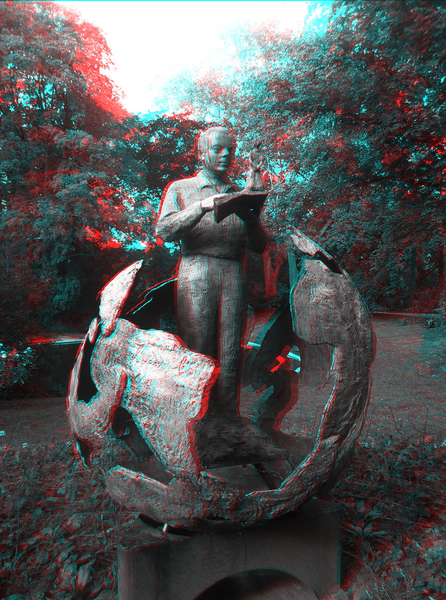 3d, anaglyf, Červený aklinu, svatý exupery, stereo, toulouse, Francie, socha, sochařství, venkovní, stromy