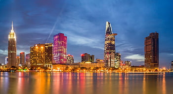 saigon, město, řeka, Vietnam, ho chi minh city, soumrak, dlouhé expozice, panoráma, mrakodrapy, Příroda, panoráma města