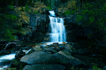 waterfall, forest, nature, water, river, rocks, falls, beautiful, outdoors, summer, jasper