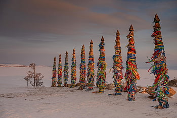 Totemový sloup, shaman rock, sníh, siberia, jezero Bajkal, zimní, Rusko, cestovat