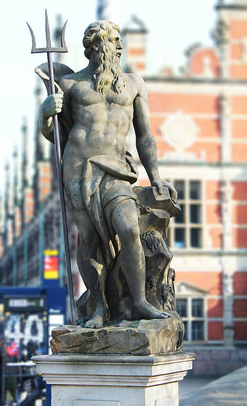 Statue of King Neptune, Borsen, Copenhagen, Denmark, trident, majestic statue, central Copenhagen, King Neptune statue, trident statue, historic statue, Danish landmark