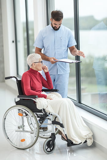 fauteuil roulant, la personne, femme, patient, infirmière, Sénior, femelle, désactivée, médecin, les personnes âgées, hôpital