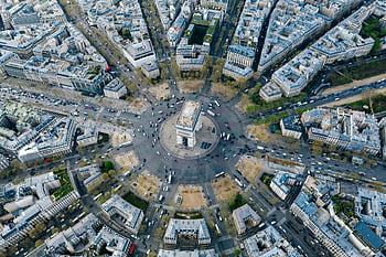 arc de triomphe, letecký snímek, Paříž panoráma, kruhový objezd, památník, živé město, Francie, mezník, městský pohled, letecké snímkování, pařížské architektury