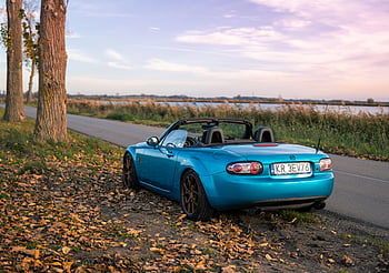 Blue Mazda MX-5, convertible, parked, scenic road, Szczerbaków, Poland, sunset, autumn, leaves, car, outdoors