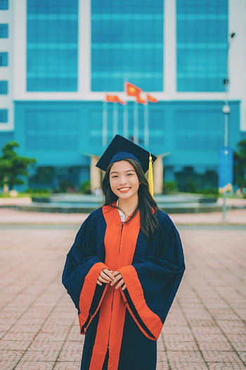 Vietnam, žena, Absolvent univerzity, student, promoce, kampusu, usměj se, talár, modrý, portrét, Červené