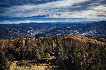 hory, Polsko, podzim, krajina, Příroda, les, stromy, panoráma, Pohled, nebe, mraky