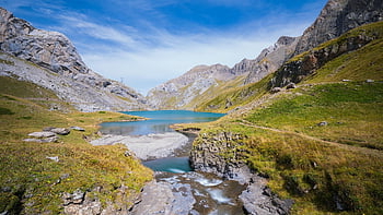 mountains, lake, reservoir, sanetsch Reservoir, nature, landscape, rock, path, hiking Trails, hike, alps