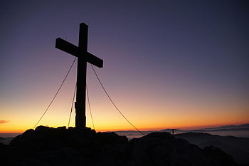 Croix, silhouette, heure d'or, le coucher du soleil, sommet de la montagne, Foi, paix, croix dramatique, coucher de soleil coloré, photographie de nature, photographie de paysage, symbole spirituel