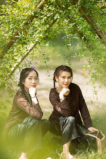 ragazze, amici, parco, amicizia, donne, giovane, carina, posa, ragazza, donna, ritratto