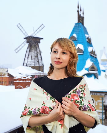 šátek, zimní, žena, ruský styl, dívka, Modelka, krása, šátek na hlavu, slovanská žena, ruština, pavloposad Šátek na hlavu