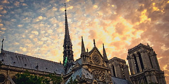 Katedrála Notre-Dame, Paříž, gotická architektura, západ slunce, modrá obloha, bílé mraky, během dne, podmanivý, historický mezník, Francie, evropské architektury
