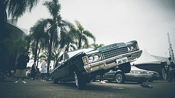 Lowrider Car, palmy, Venkovní autosalon, živé auto, lidé, Přehlídka aut, muž zíral, lowrider, venkovní akce, Automobiloví nadšenci, kultury