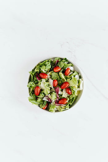 fresh vegetable salad, bowl, grape tomatoes, green salad, top view, healthy, ripe tomatoes, lettuce, table, fresh salad, healthy food