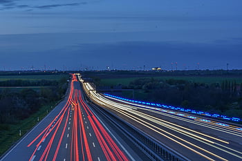timelapse fotografie, trasee ușoare, Autostrada germană, expunere lungă, amurg, drum, trafic, fotografie de noapte, peisaj, neclaritate de miscare, scenă urbană