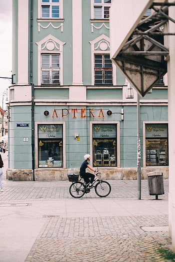 muž na kole, staré Město, wroclaw, historické budovy, ulice, jízdní kolo, Polsko, městské scény, Lékárna, Muž na koni, Street View