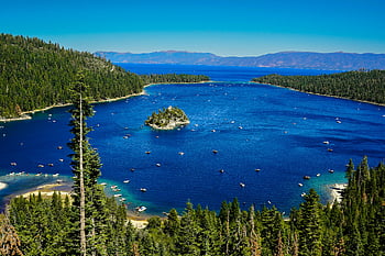 Emerald Bay, Fannette Island, boats, vibrant blue water, aerial view, Emerald Bay State Park, California, United States, stunning view, pine trees, mountains